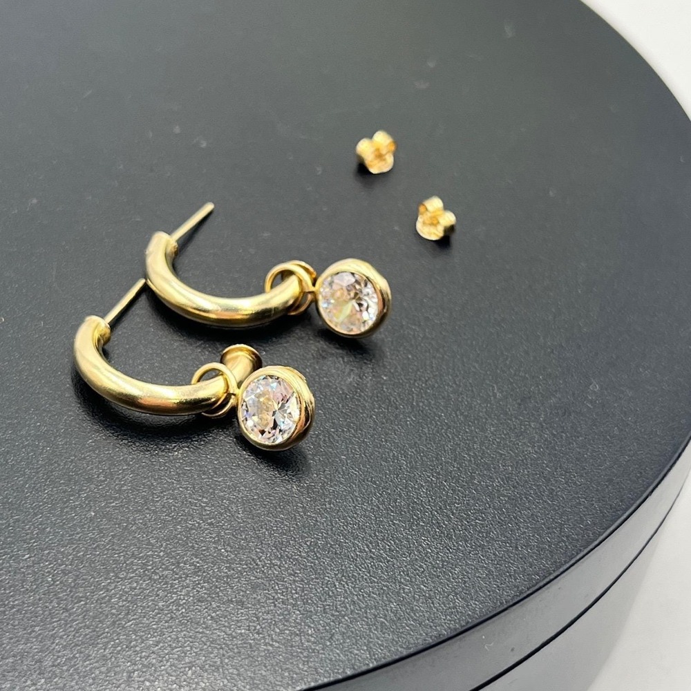 AAJ Vintage Designer 10k Yellow Gold‎ J Half-Hoop Dangle Round CZ Charm Earrings